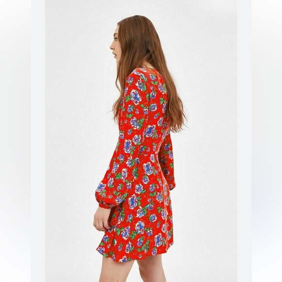 Zara Floral Red Deep V-neck Long Sleeve Wrap Dress Large - Picture 2 of 11